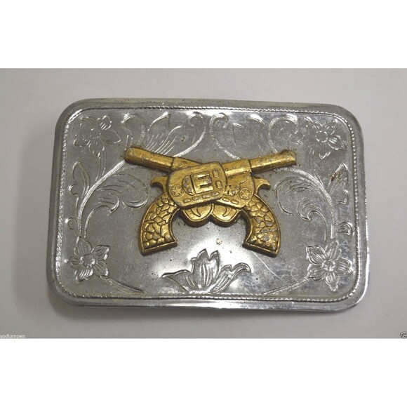 Nice Vintage Crossed Pistols Guns Western Chrome Silver Tone Belt Buckle HTF - Picture 1 of 6